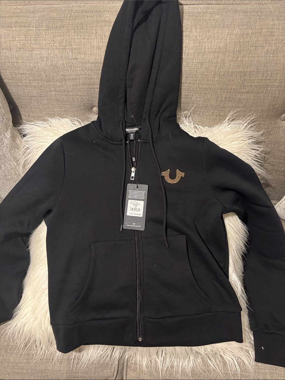 True Religion Black Hoodie with Gold Stud Horseshoe
